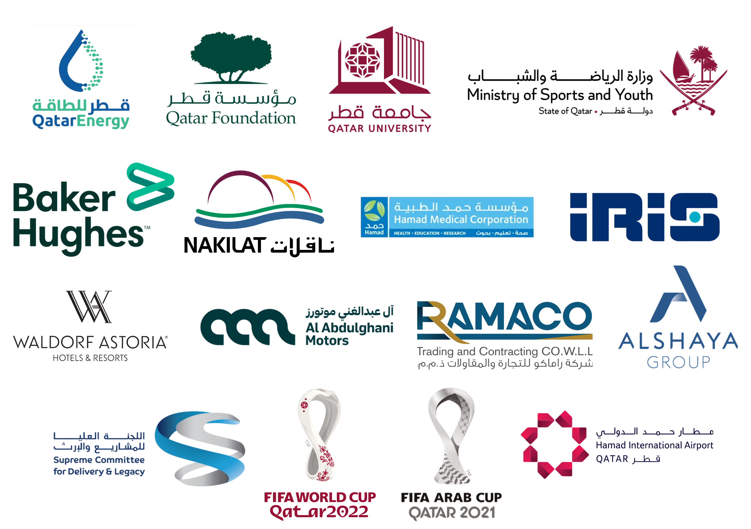 Client logos including QatarEnergy, Qatar Foundation, Qatar University, Ministry of Sports and Youth, Baker Hughes, Hamad Medical Corporation, IRIS, Waldorf Astoria, Abdulghani Motors, RAMACO, Alshaya Group, FIFA World Cup Qatar 2022, FIFA Arab Cup Qatar 2021 and Hamad International Airport Qatar